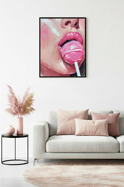 huhuli Επιτραπέζιος πίνακας με ροζ σχέδιο χειλιών σε φυσικό ξύλινο πλαίσιο - ...