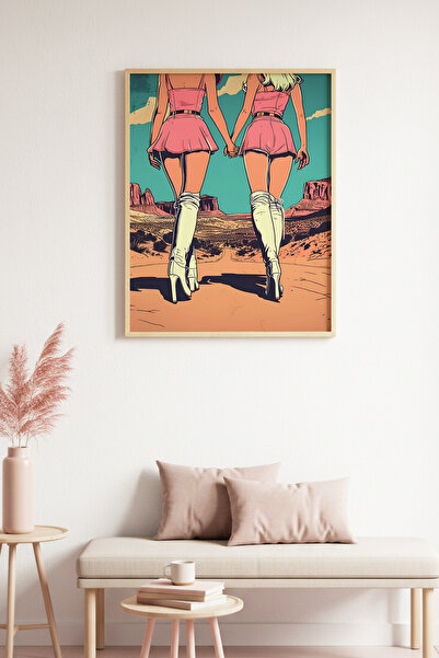 huhuli Εικονογραφικός πίνακας με ροζ τιρκουάζ χρώμα σε φυσικό ξύλινο πλαίσιο ...