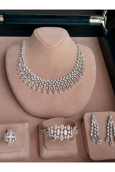 rive.jewelry Zirkon Taşlı Rodyum Kaplama Lüks Kolye Seti – Parlak Taşlı Şık Takı Seti