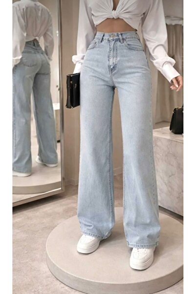 MRİABE Ice Snow Wash Lycra Super High Waist Loose Leg Denim Palazzo Trousers