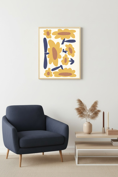huhuli Ρετρό ζωγραφική με φυσικό ξύλινο πλαίσιο - Μουσταρδί κίτρινο και ναυτι...