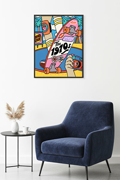 huhuli Τραπέζι με ρετρό γραφικά σχέδια και πλαίσιο από φυσικό ξύλο - Σκέιτμπο...