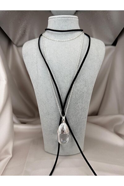 ZS Aksesuar Layered Necklace Black Choker and Silver Color Chain with Glass S...