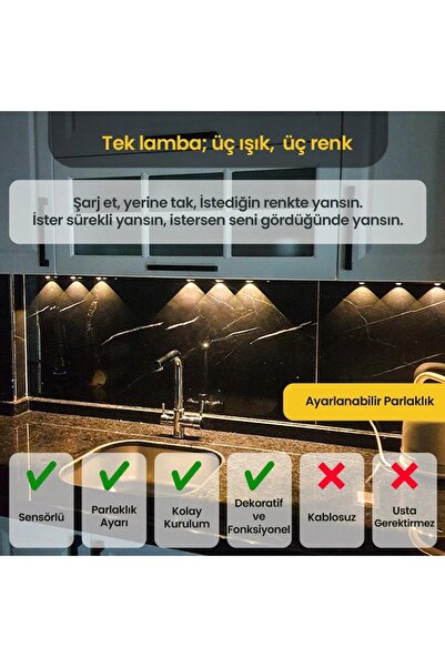UpWay Sensörlü 40 cm 3’lü LED Lamba – 3 Renkli Ayarlanabilir Tezgah Merdiven Dolap Aydınlatma