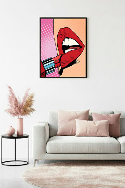 huhuli Πίνακας με σχέδιο Pop Art με φυσικό ξύλινο πλαίσιο - Κόκκινα χείλη |  ...