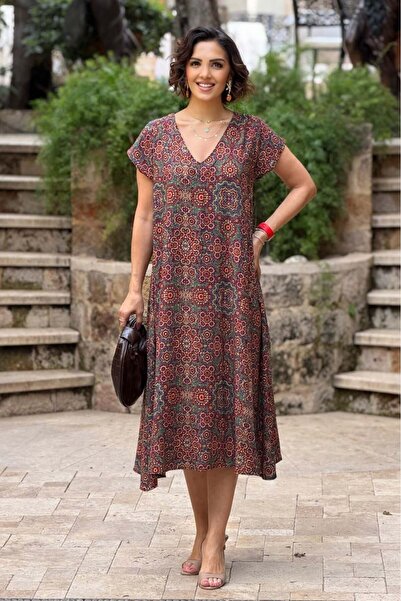 Nevin Kaya Moda Φόρεμα με σχέδιο χακί τσινέζικης κεραμικής