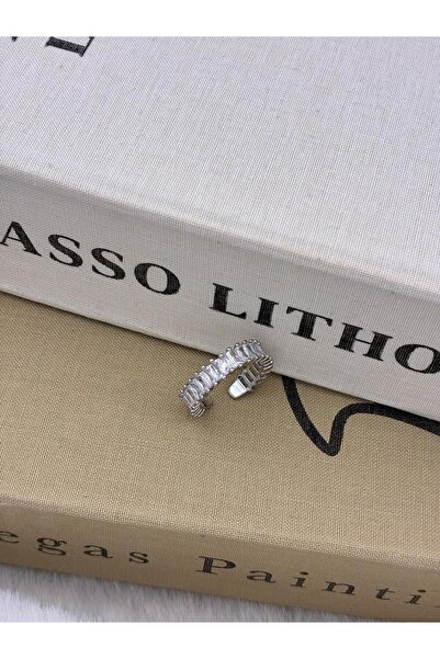 Hedef Bijuteri Silver Color Zircon Stone Rectangular Baguette Stone Adjustabl...