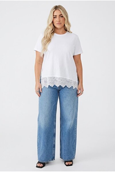 Koza Butik Γυναικείο κοντομάνικο μπλουζάκι μεγάλου μεγέθους με δαντέλα στο τε...