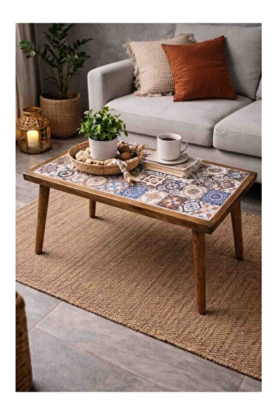 maison linden Eskitme Ahşap Ayaklı Üstü Seramik Masif Orta Sehpa 34X64 cm Dik...