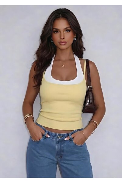 ÖZ PAMUK ΒΑΜΒΑΚΙΝΗ Γυναικεία Μπλούζα με Λουράκι στο Λαιμό Διπλού Χρώματος Μαλ...