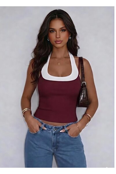 ÖZ PAMUK ΒΑΜΒΑΚΙΝΗ Γυναικεία Μπλούζα με Λουράκι στο Λαιμό Διπλού Χρώματος Μαλ...