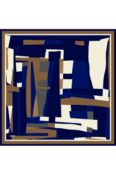 ARMANDA Block Pattern Twill Silk Scarf - Navy Blue