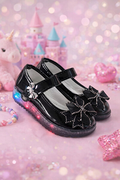 Girl Lighted Ballet Stone Bowknot Princess Shoes with Led Sole Black