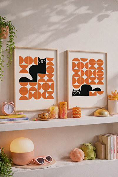 STARYUNA Πίνακας με γάτα, Ξύλινο πλαίσιο, Ρετρό σετ δύο πινάκων με φιγούρες γ...