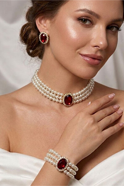 Happyline İncili bordo oval taşlı gold kaplama cam inci choker kolye tasarım ...