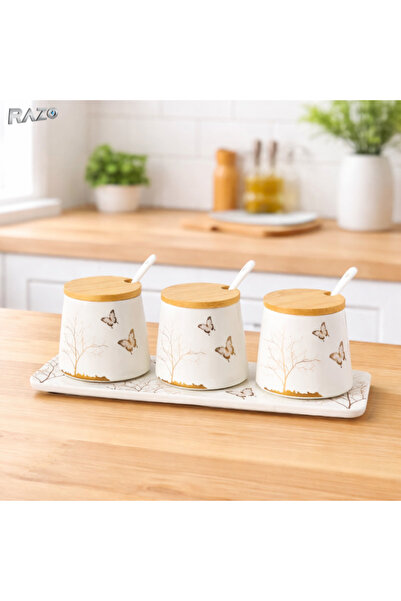 Razo Σετ 3 πορσελάνινων δοχείων μπαχαρικών Lifetree, Καπάκια από μπαμπού, Κου...