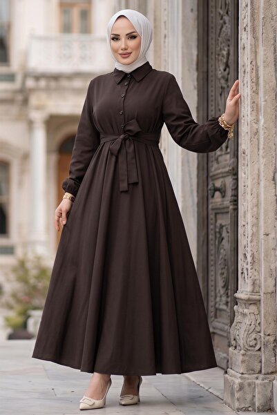 hafsamina Φόρεμα Μεβλάνα με ζώνη σε απόχρωση Καφέ HM2105