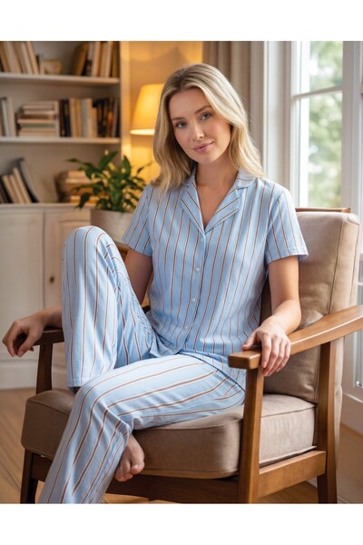NBB Women's Blue Shirt Shirt Striped Pajama Set, Striped Fabric, 100% Cotton