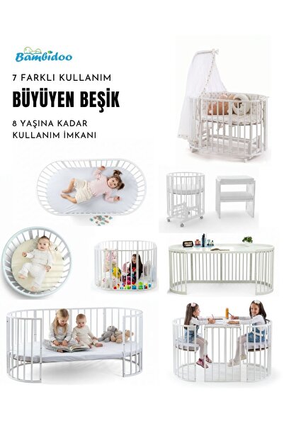 Bamgidoo Ahşap Beşik Premium (BEBEĞİNİZ İLE BÜYÜYEN BEŞİK) Beyaz Krem Yıldız ...