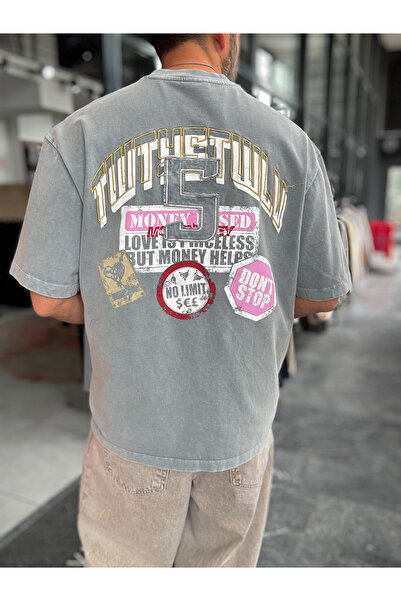 BYBASICMAN Сива 5 бродирана переща се овърсайз тениска TW1140