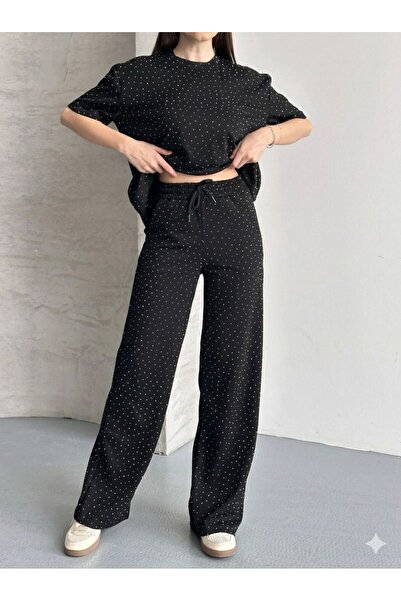 GKN WEAR Γυναικείο σετ με κοντομάνικο μπλουζάκι με στρας και παντελόνι φαρδιά...