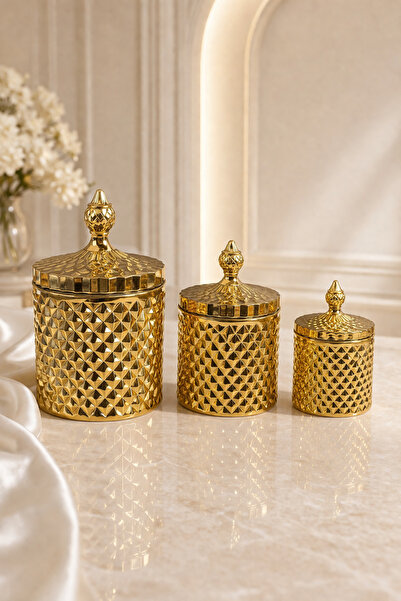 Diamond Series 3 Glass Titanium Coating Decorative Jar - Candy Bowl ,Gift, Dowry