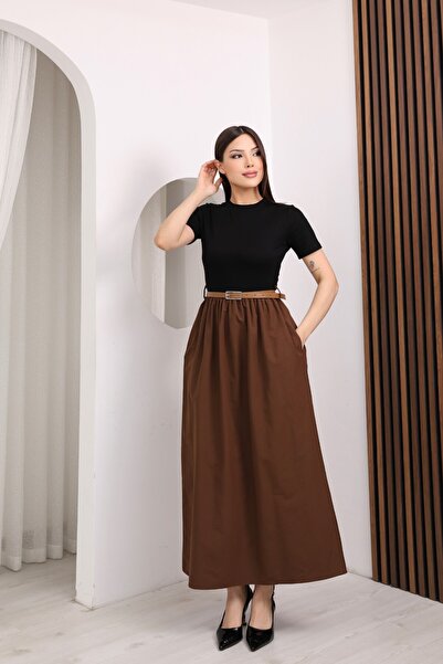 moda poni Γυναικείο κοντομάνικο φόρεμα σε καφέ χρώμα με ζώνη