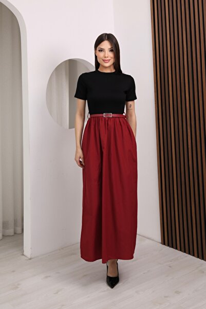 moda poni Γυναικείο κοντομάνικο φόρεμα με ζώνη σε μπορντό χρώμα