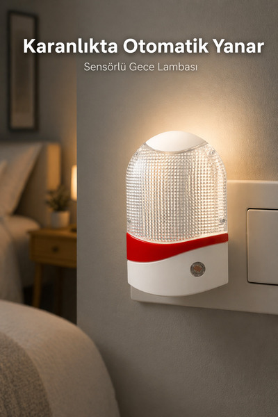 Edison Işık Sensörlü Gece Lambası Priz Tipi Otomatik Yanan Led Gece Lambası B...