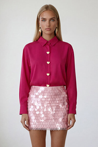 Trend Alaçatı Stili Γυναικείο φούξια πουκάμισο ποπλίνα oversize με κουμπιά σε...