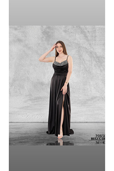Store Yaka Detaylı Drapeli Saten Uzun Gece Elbisesi