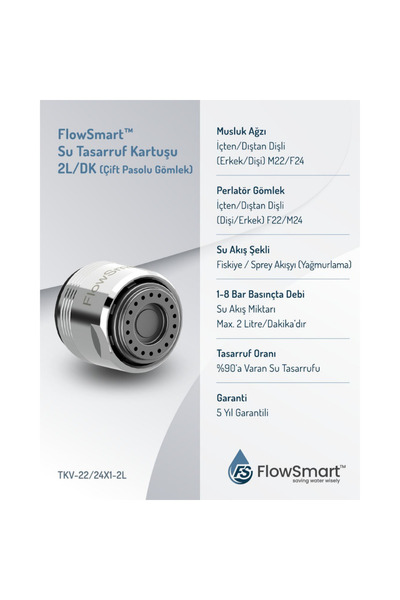 FlowSmart™ Yağmurlama/Sprey Su Tasarruf Kartuşu | 2L/DK Çift Pasolu Gömlek ØF22/M24