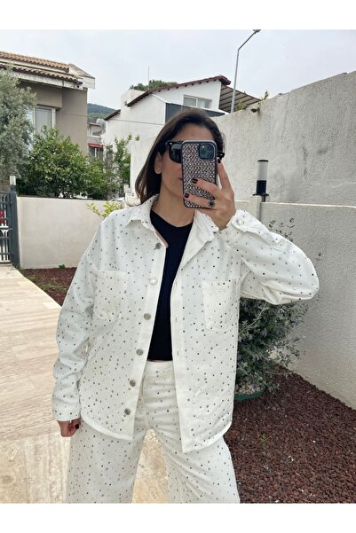Selenin Elbiseleri Taşlı Beyaz Jean Gömlek