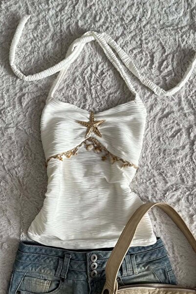 Karakedi Gold Star Detailed Mermaidcore Gathered Y2K Short Strap Crop Body