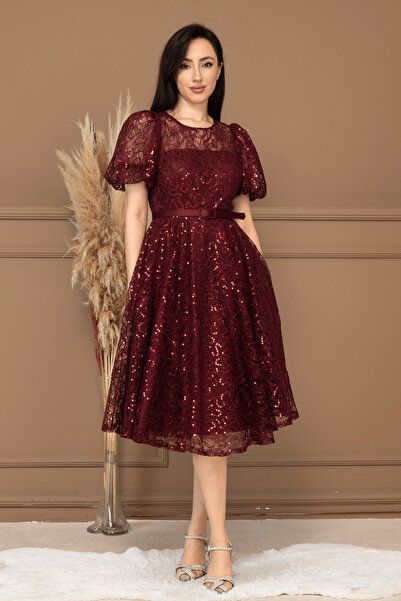 BEYBOS Φόρεμα μίντι με μανίκια μπαλόνι και παγιέτες - ΒΟΡΝΤΟ