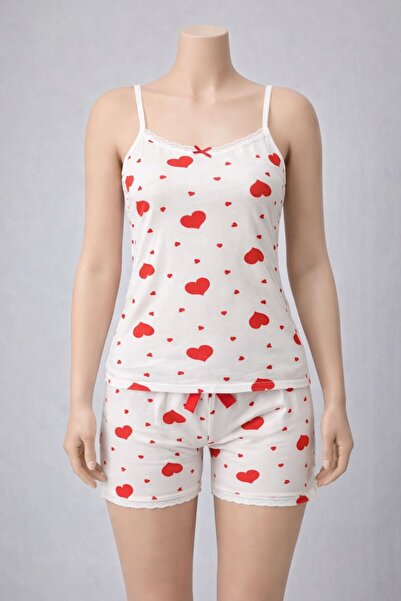 skycott Women's String-Strap Shorts Pajama Set with Heart Pattern and Lace De...