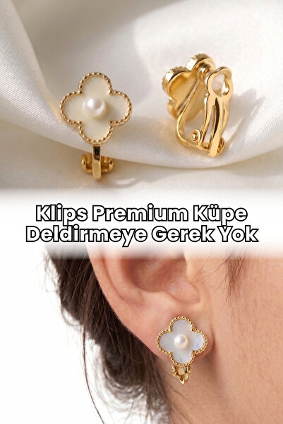 Elifsu Jewelry Premium Klips Küpe 4 Yapraklı Yonca İnci Detaylı Kulak Deliği ...