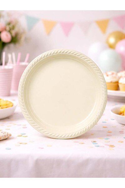 Parti Adresi Plastik Tabak Doğum Günü Parti Tabağı Krem 21 cm 25'li