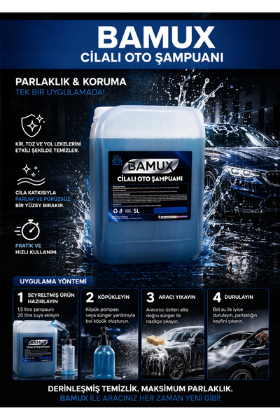 Bamux 5 LT Oto Şampuanı |Premium Cilalı Yoğun Köpük | Boya Dostu Güçlü Temizl...