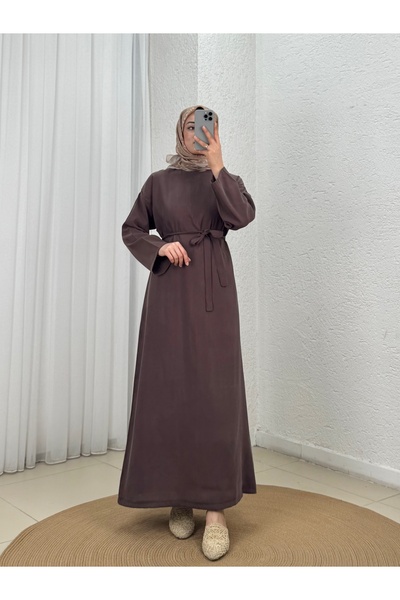 MİHRA STORE Φόρεμα Armira με ίσια γραμμή και ζώνη - EK656 Καφέ