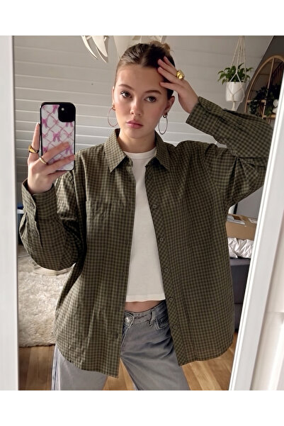 Toum Χακί Oversize Καρό Πουκάμισο με Σχέδιο Oversize