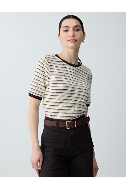 Jimmy Key Εκρού Πλεκτή Μπλούζα Ζακάρ με Άνετη Γραμμή και Λαιμόκοψη Ποδηλάτου