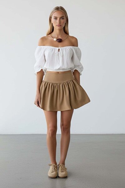 Trend Alaçatı Stili Γυναικεία λινή μίνι φούστα με κρυφό φερμουάρ και κορσάζ A...