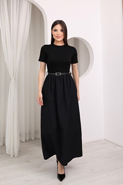 moda poni Γυναικείο κοντομάνικο μαύρο φόρεμα με ζώνη