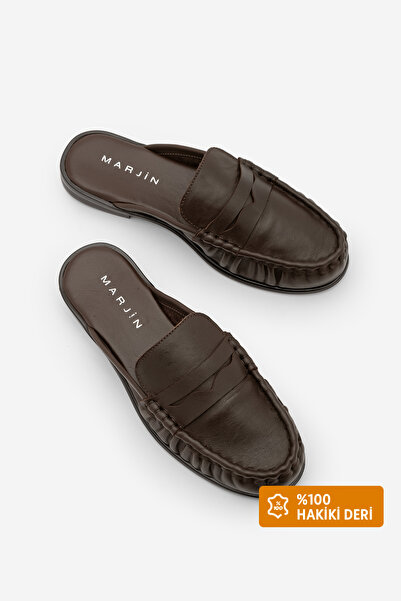 Marjin Γυναικείες παντόφλες από γνήσιο δέρμα, κλειστές μπροστά, ραμμένες, με ...