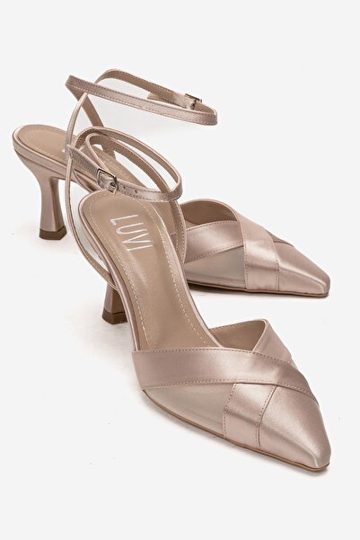 LuviShoes ESTELA Μπεζ Σατέν Διχτυωτό Γυναικεία Παπούτσια με Τακούνι