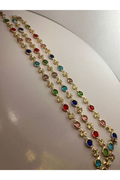 Valdora VD Kadın Gold Kurdele Detaylı Çok Renkli Zirkon Taşlı Lariat Model Kolye