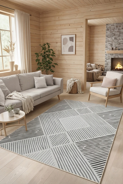 GECE HOME Siyah Beyaz Geometrik Desenli Kaymaz Taban Mutfak Halısı Yolluk Mod...