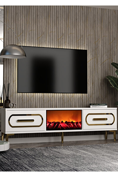 cantek dizayn TV0071-0071-TXA150-128 ŞÖMİNELİ TV SEHPASI BEYAZ-ALTIN