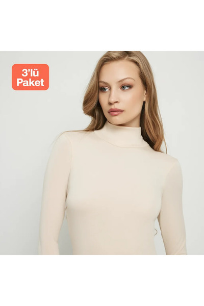 Cansu İç Giyim 3-Pack Women's Half Turtleneck Long Sleeve Bodysuit Set - Cott...